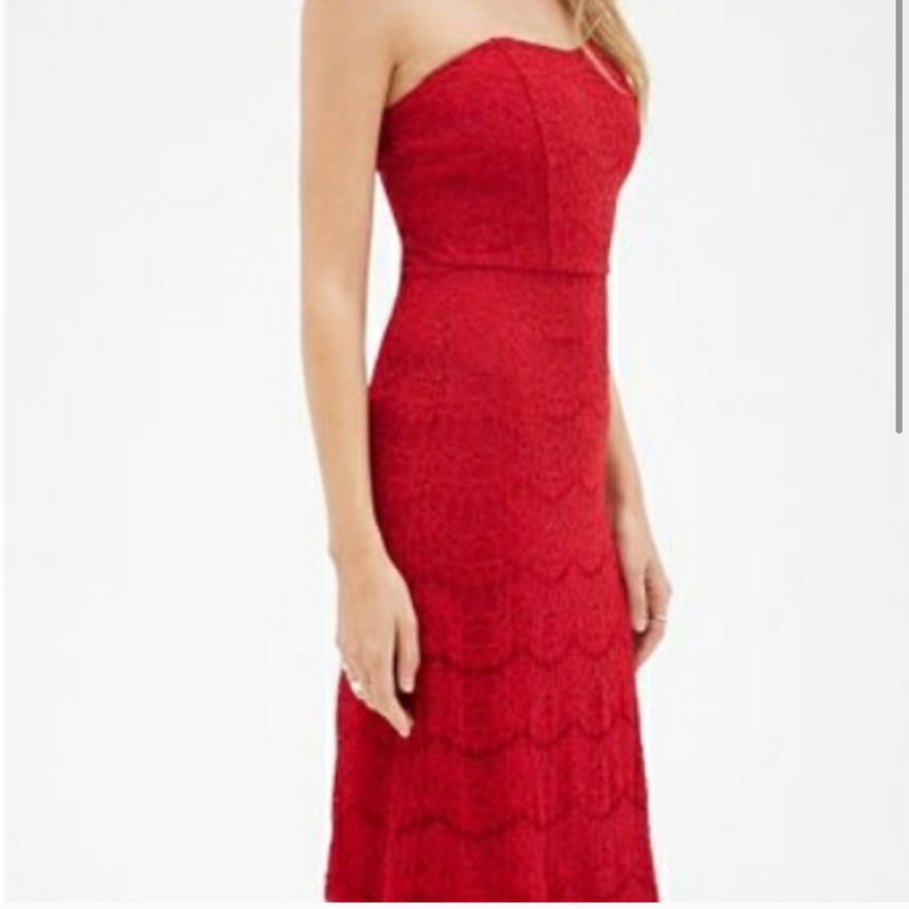 Red Lace Strapless Midi dress